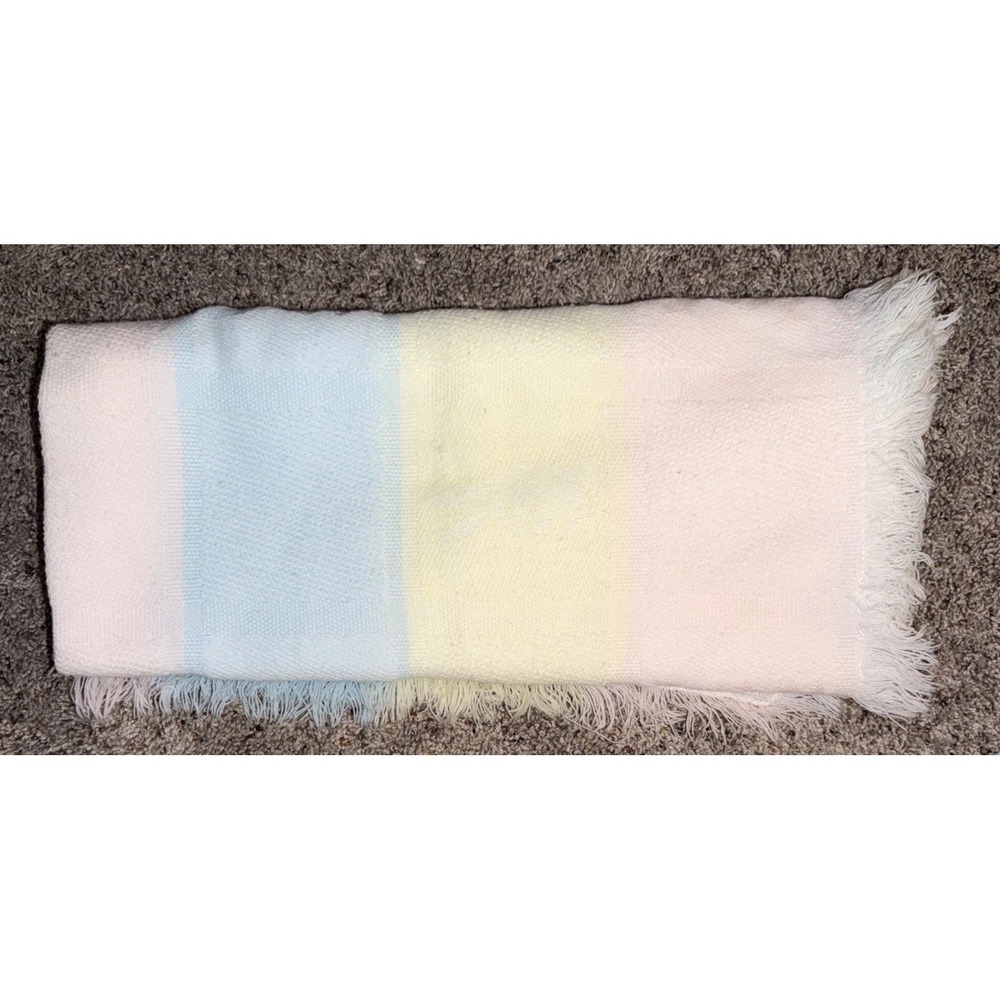 VTG All Mine Bunny Knit Baby Blanket Acrylic‎ Pastel Pink Blue Yellow Japan Made